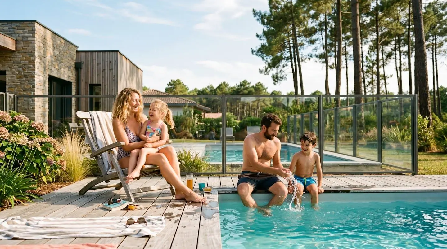 Famille profitant d'une piscine sécurisée dans les Landes