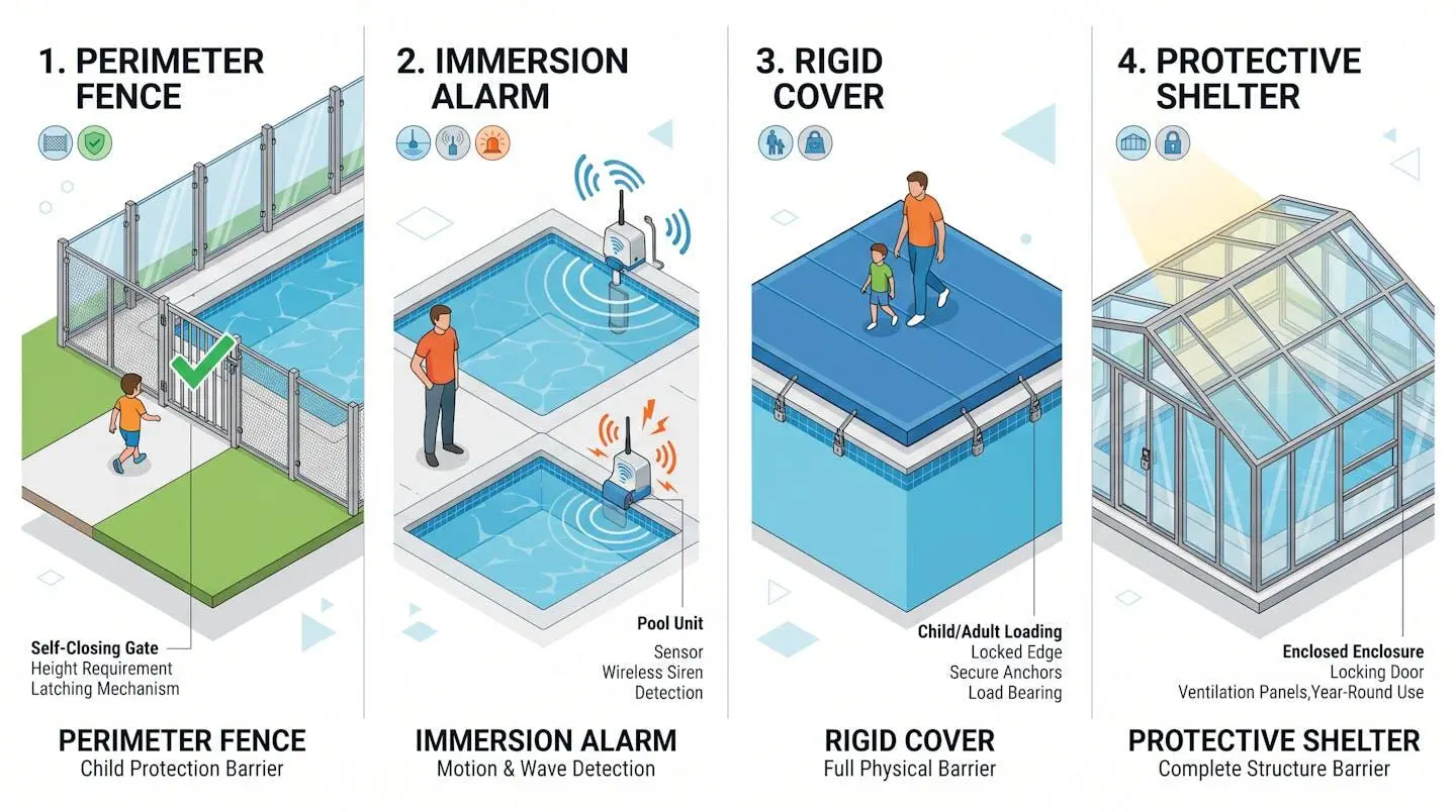 Illustration des quatre dispositifs de sécurité agréés pour piscine enterrée