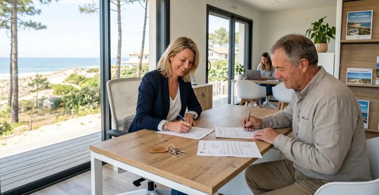 Agent immobilier et propriétaire signant un contrat de location saisonnière dans une agence spécialisée, clés de villa et documents de dépôt de garantie visibles sur le bureau
