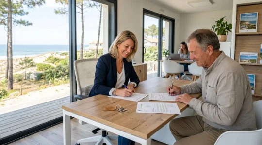 Agent immobilier et propriétaire signant un contrat de location saisonnière dans une agence spécialisée, clés de villa et documents de dépôt de garantie visibles sur le bureau