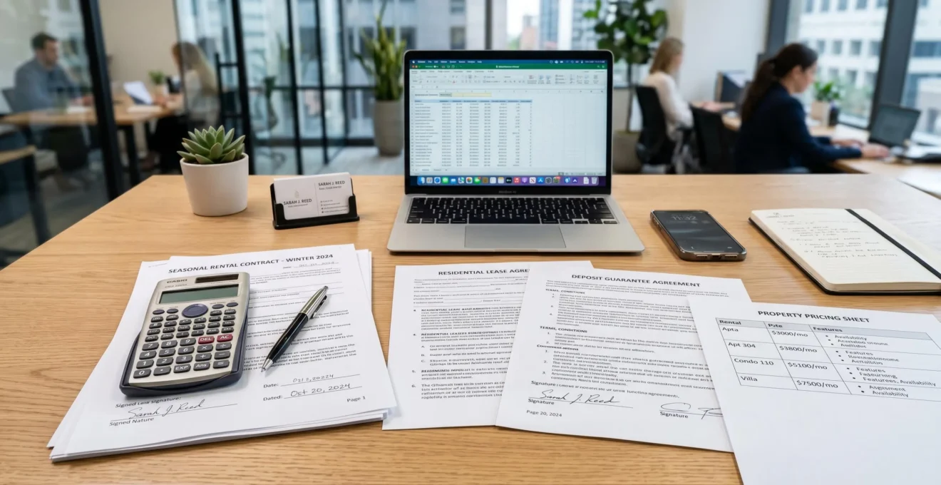 Bureau d'agence immobilière avec calculatrice, contrats de location saisonnière et documents de tarification pour le calcul du dépôt de garantie