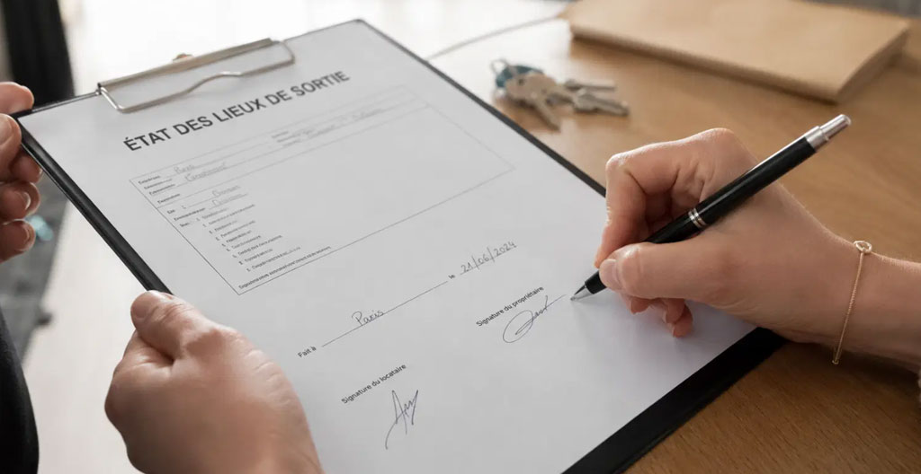 Professionnel de l'immobilier réalisant l'état des lieux de sortie dans le salon d'une villa de vacances avec tablette et documentation