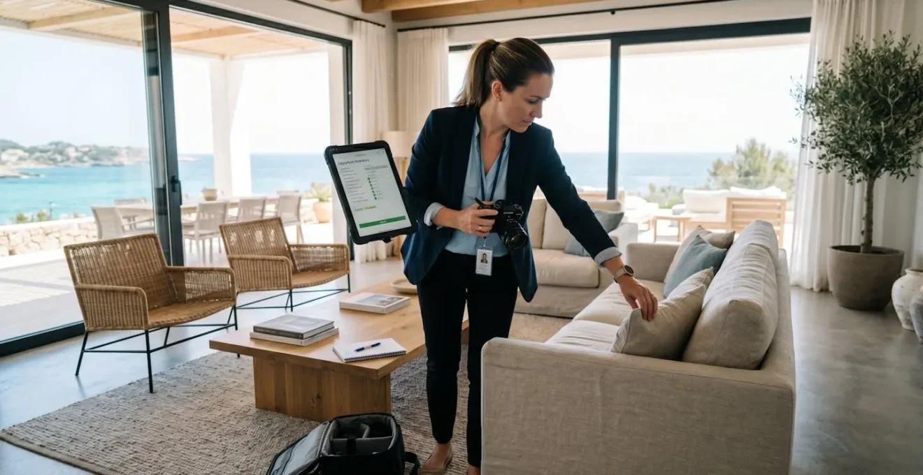 Professionnel de l'immobilier réalisant l'état des lieux de sortie dans le salon d'une villa de vacances avec tablette et documentation