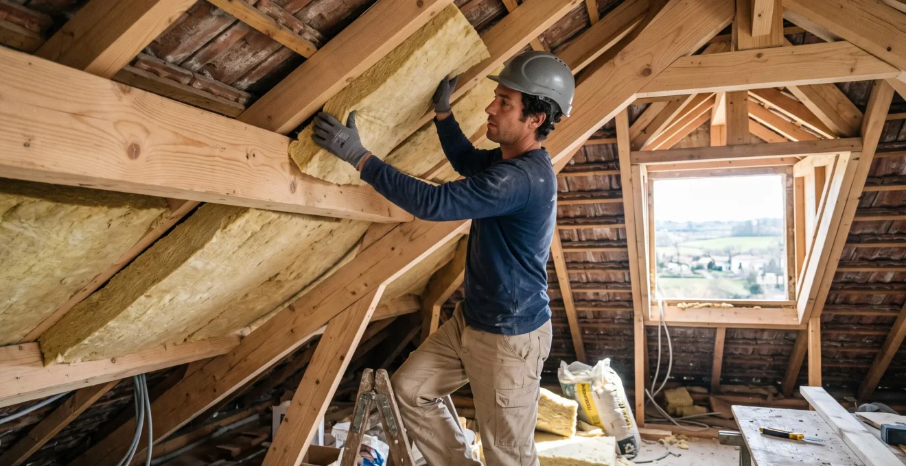 Construction professional installing thermal insulation in a seasonal rental undergoing renovation