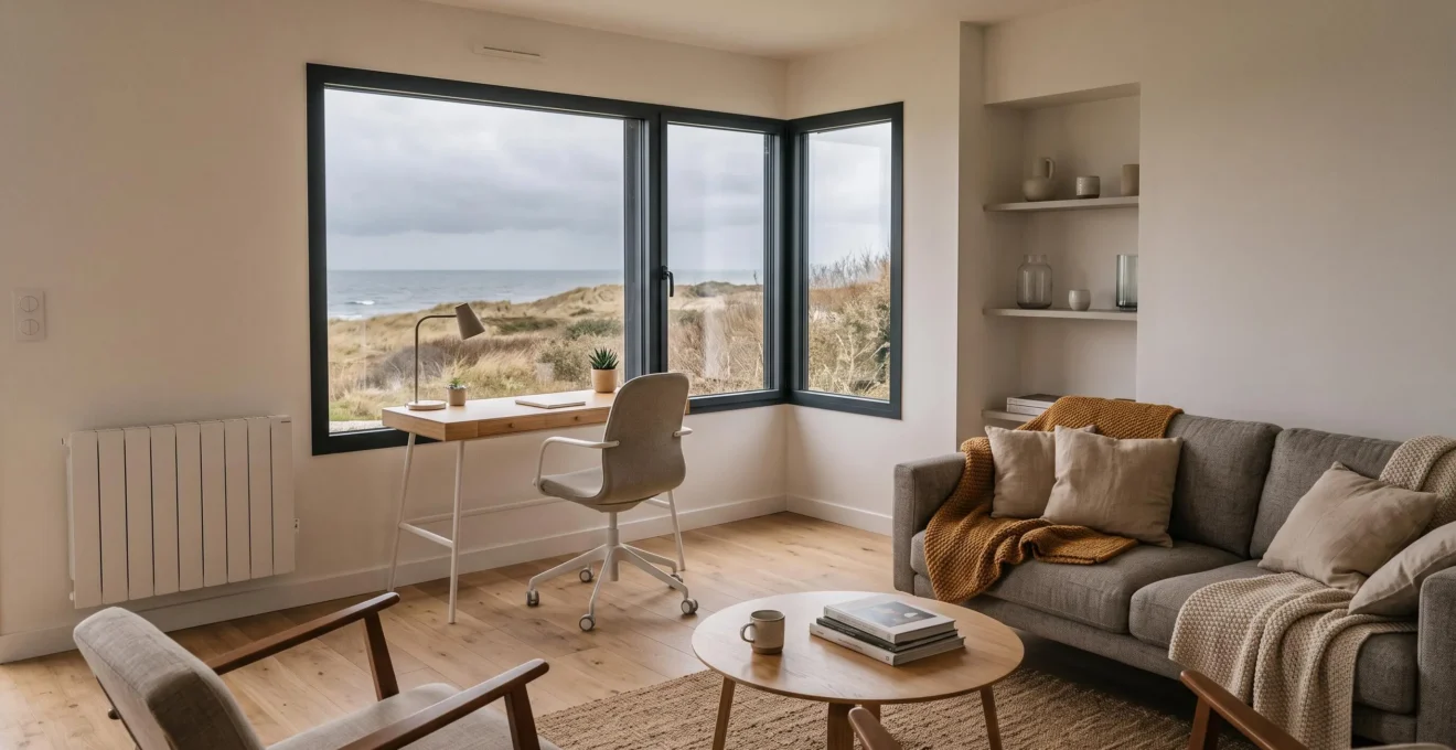 Bright living room of a modern French seasonal rental with large windows, workspace area and visible heating system