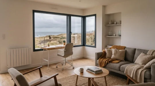 Bright living room of a modern French seasonal rental with large windows, workspace area and visible heating system