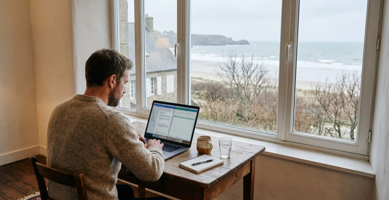 Remote worker using laptop in a seasonal rental during winter off-season