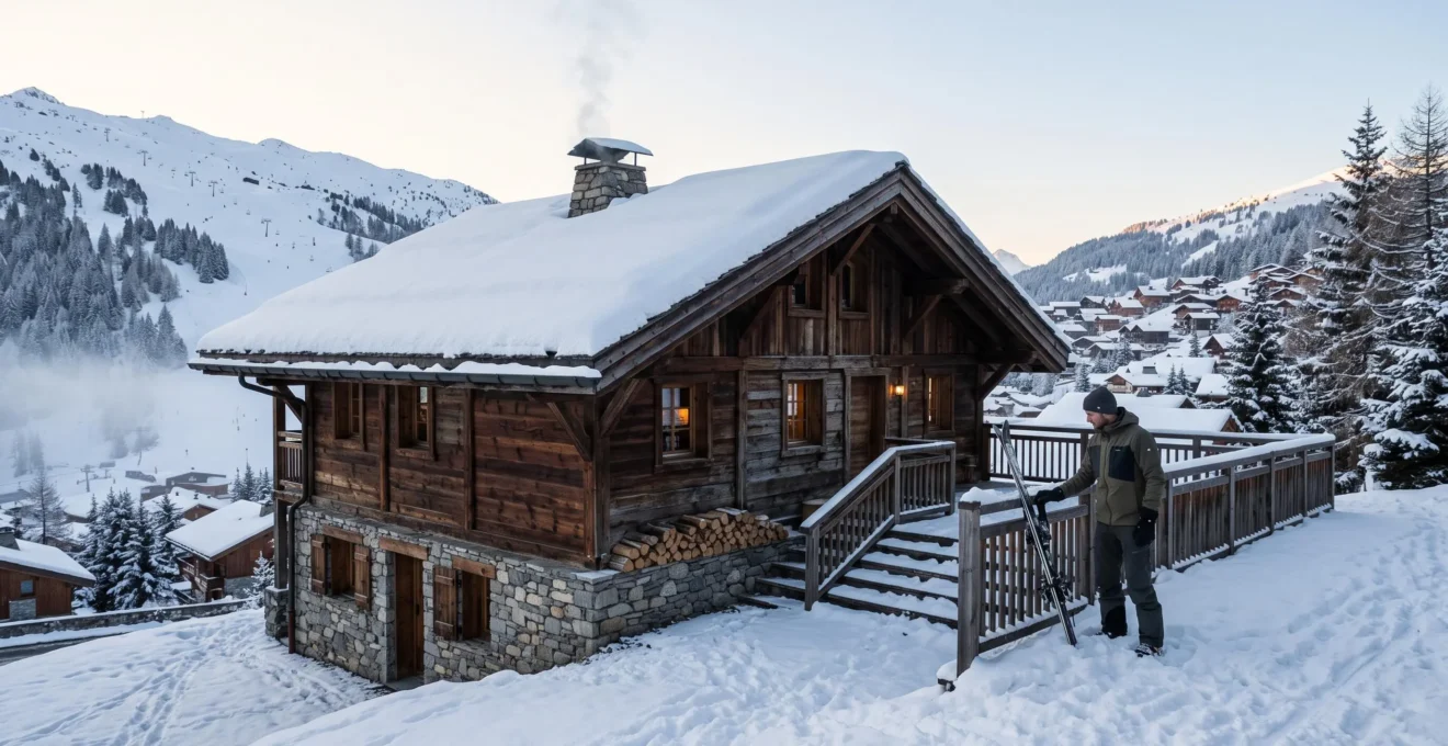 Un homme dépose des skis devant un chalet de bois surplombant les pistes enneigées de Courchevel.