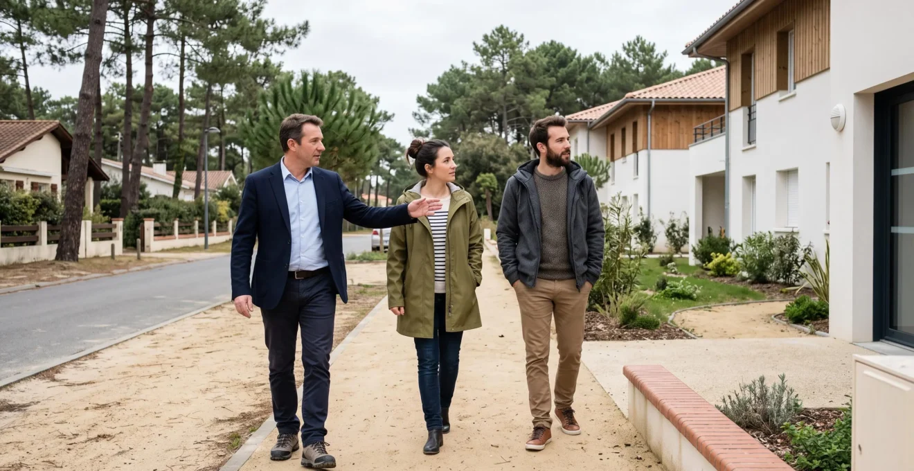 Un couple et un agent immobilier discutent devant des résidences dans une rue de Capbreton.
