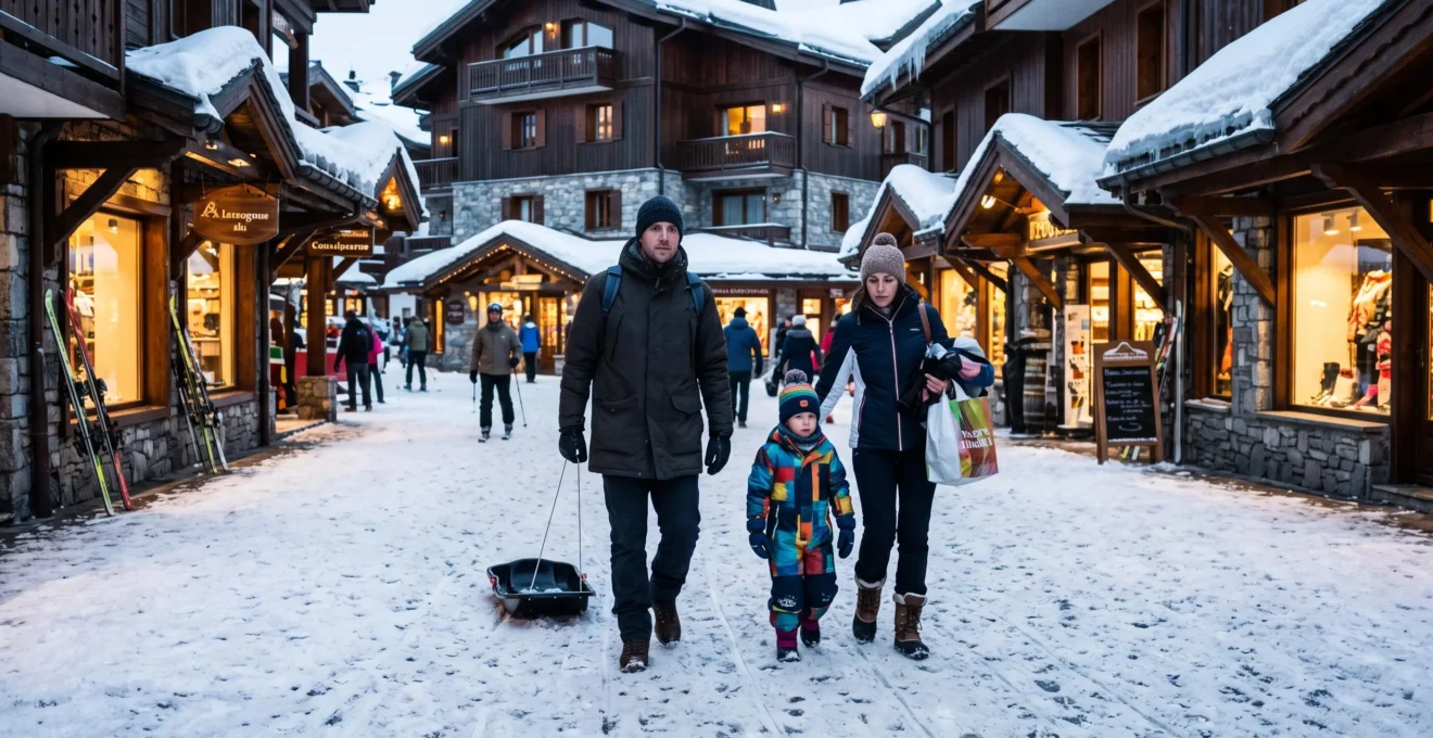 Une famille avec une luge et des sacs marche dans une rue piétonne enneigée du centre de la station.
