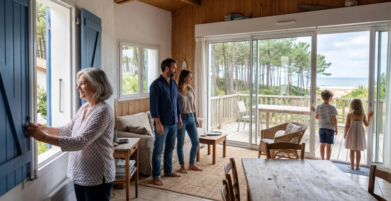 Trois générations visitent ensemble un appartement lumineux près de l'océan à Capbreton.