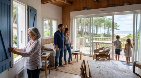 Trois générations visitent ensemble un appartement lumineux près de l'océan à Capbreton.