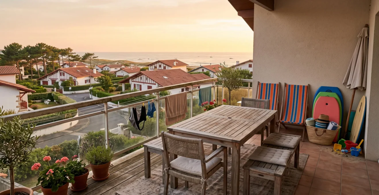 Une terrasse familiale aménagée surplombe un quartier calme de Capbreton au coucher du soleil.