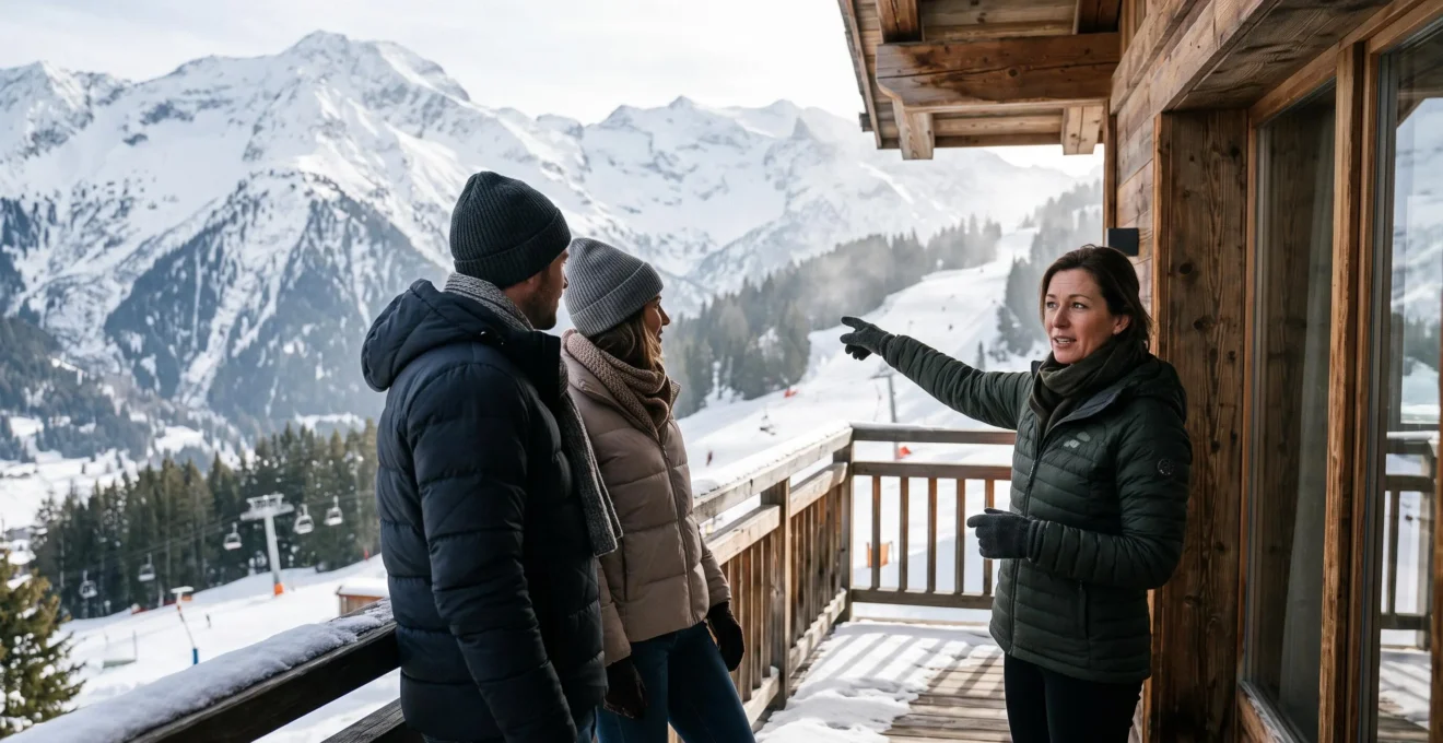 Une propriétaire montre depuis un balcon la piste de ski en contrebas à deux visiteurs attentifs.